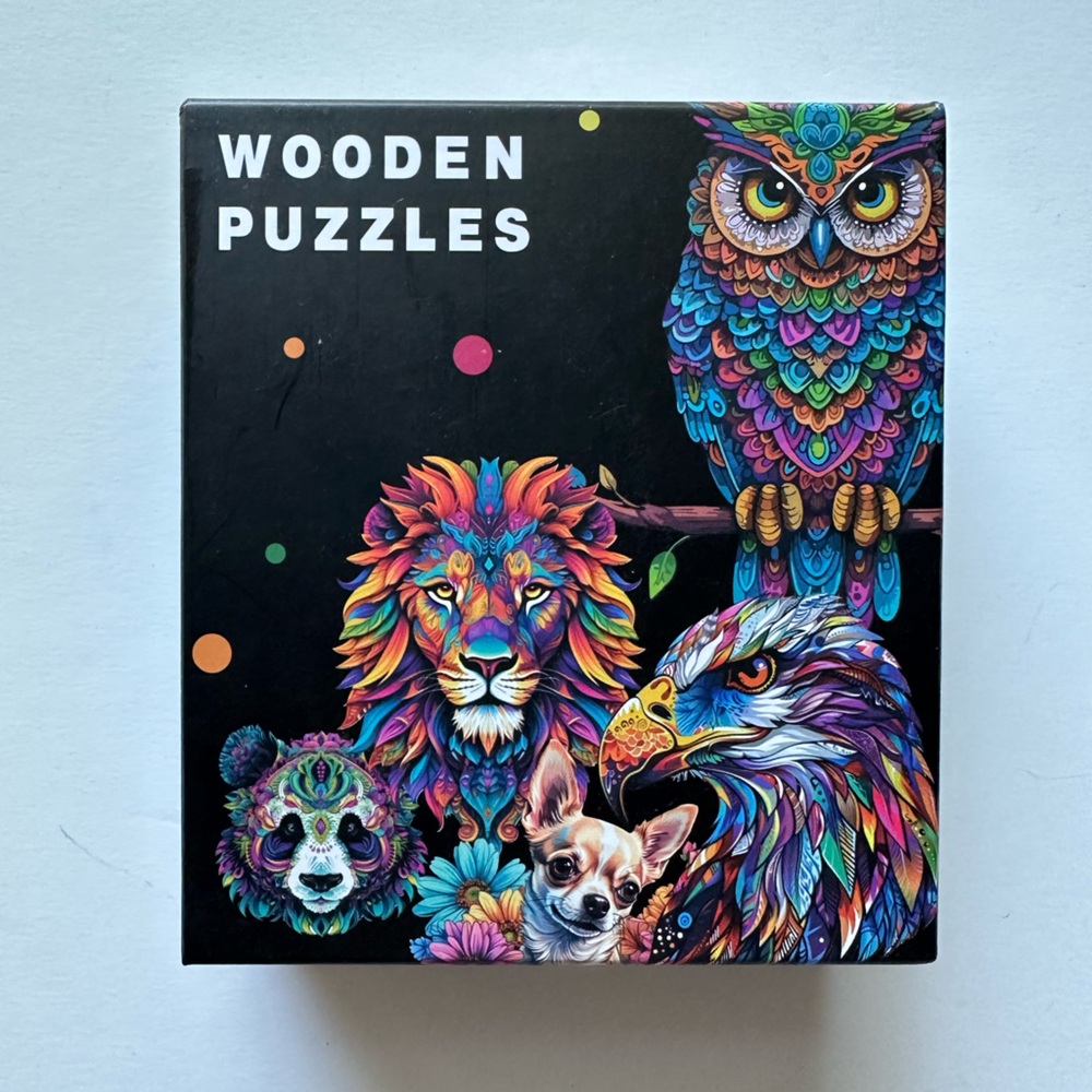 Wooden Animal Puzzle Box – Colorful Lion, Owl, Eagle & Panda A5
